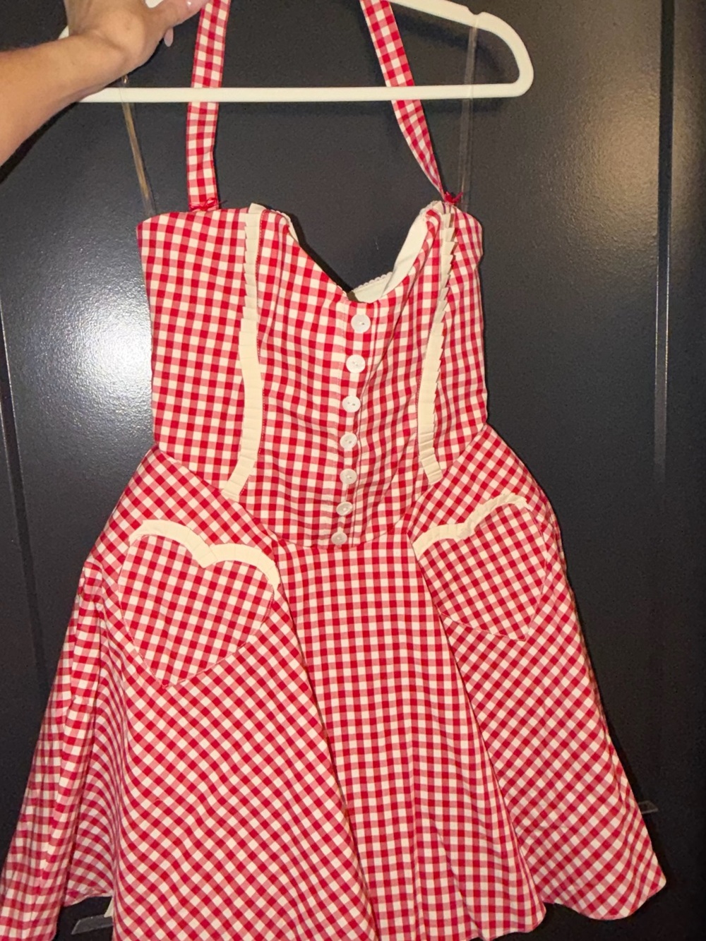 House of CB Heidi Red Gingham Cotton Halter Neck Mini Dress - Picture 3 of 4